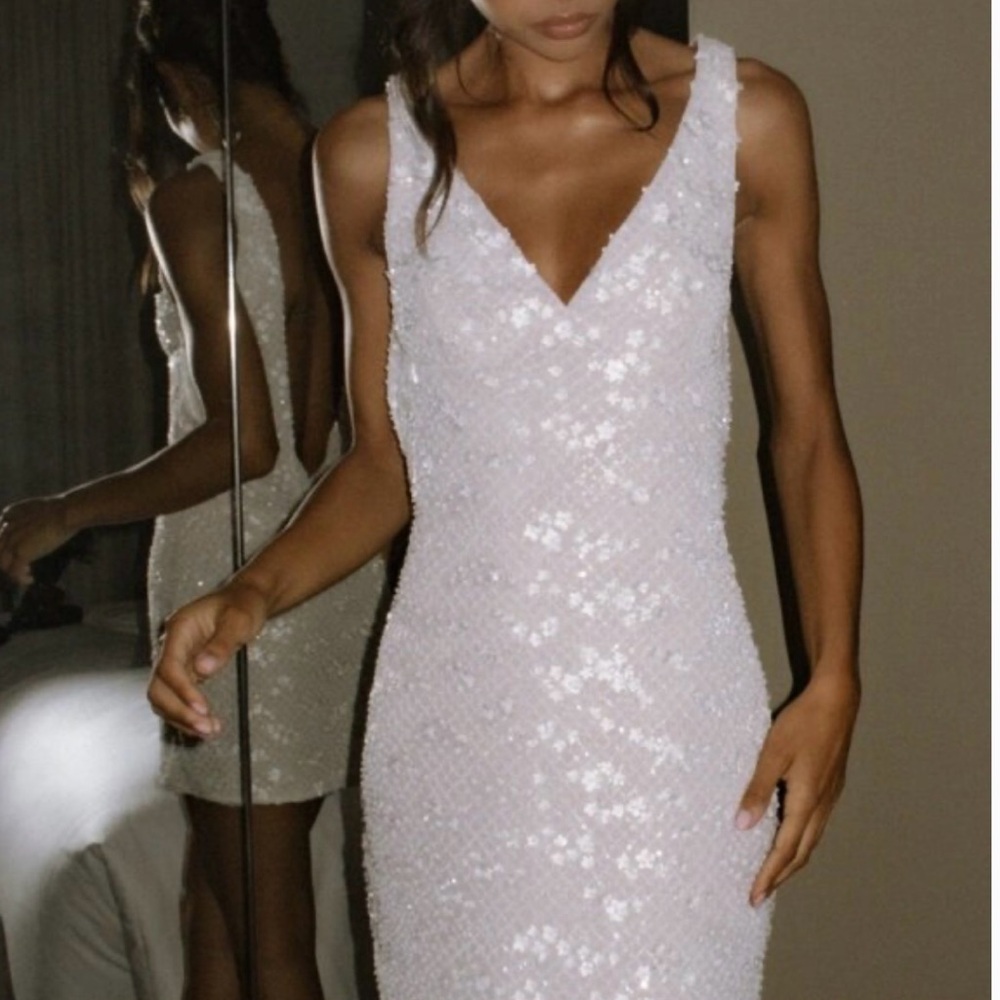 Meshki Louanne Beaded Mini Dress | White Sequin Dress